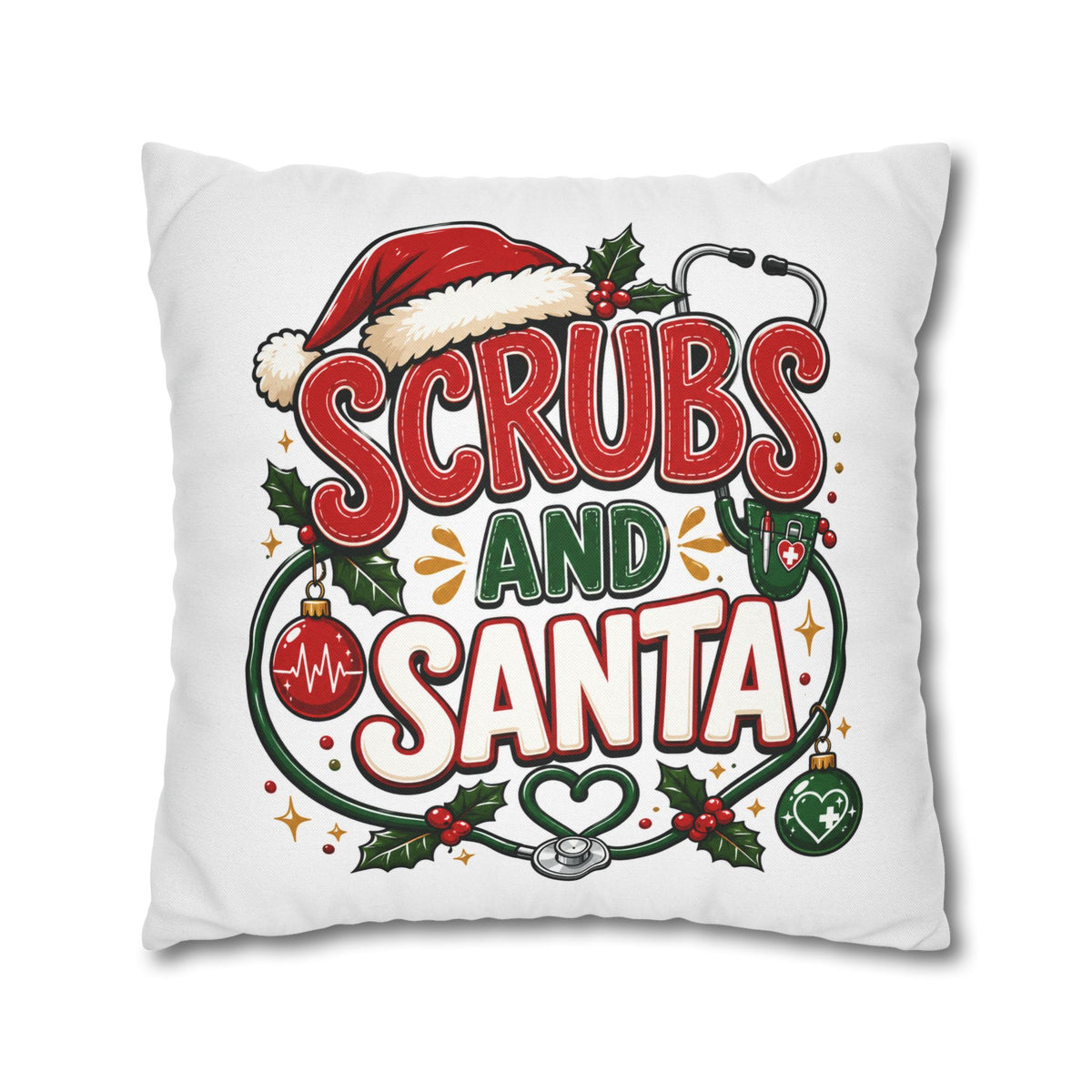 Christmas Scrubs and Santa Holiday Pillowcase – Christmas Nurse Decorative Throw Pillow Cover