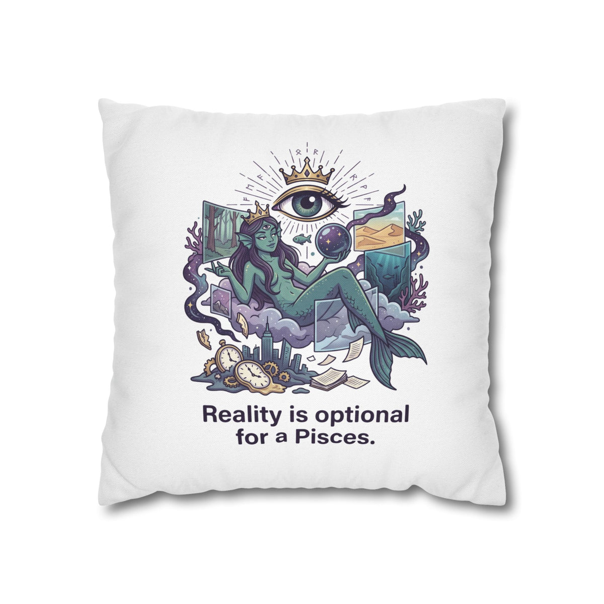 Pisces Mermaid Pillowcase — "Reality Is Optional for a Pisces" Decorative Throw Pillow