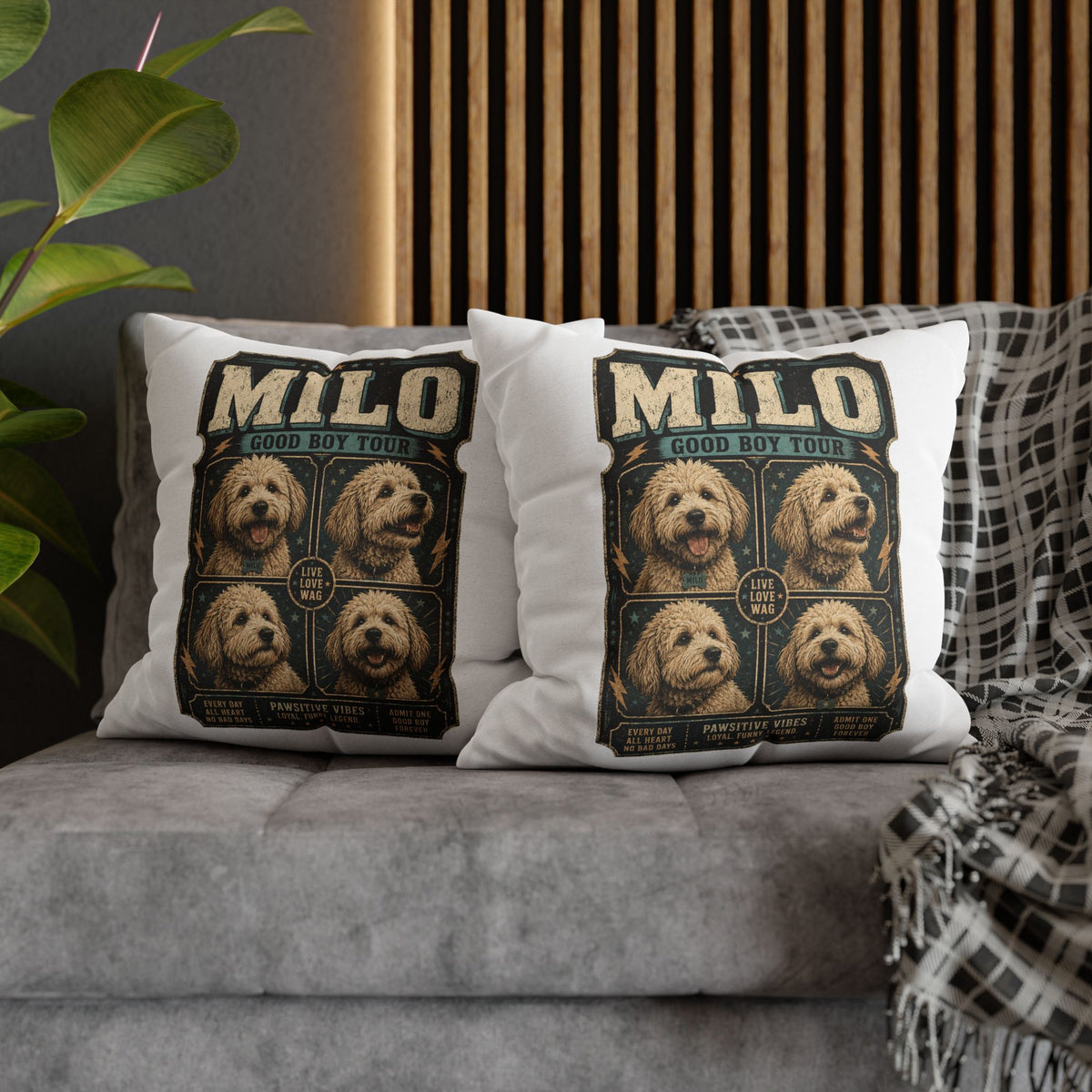 Milo "Good Boy Tour" Square Pillowcase — Cute Dog Portrait Decorative Pillowcase Milo Bailey Dog Dad Mom
