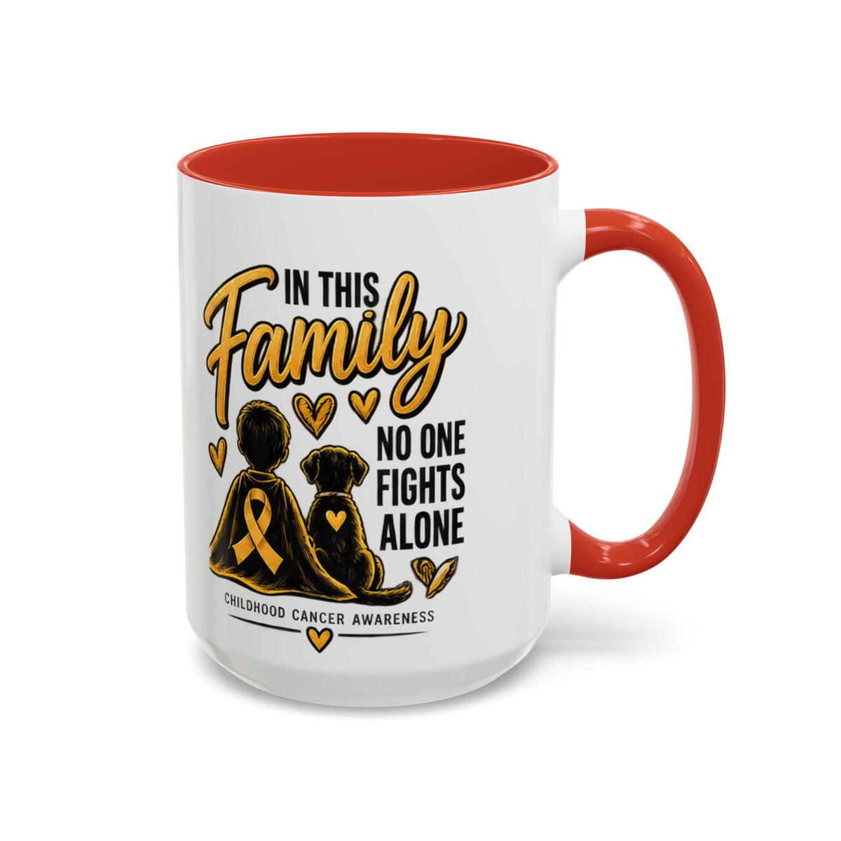 Childhood Cancer Awareness Accent Coffee Mug – "In This Family No One Fights Alone" (11/15oz)