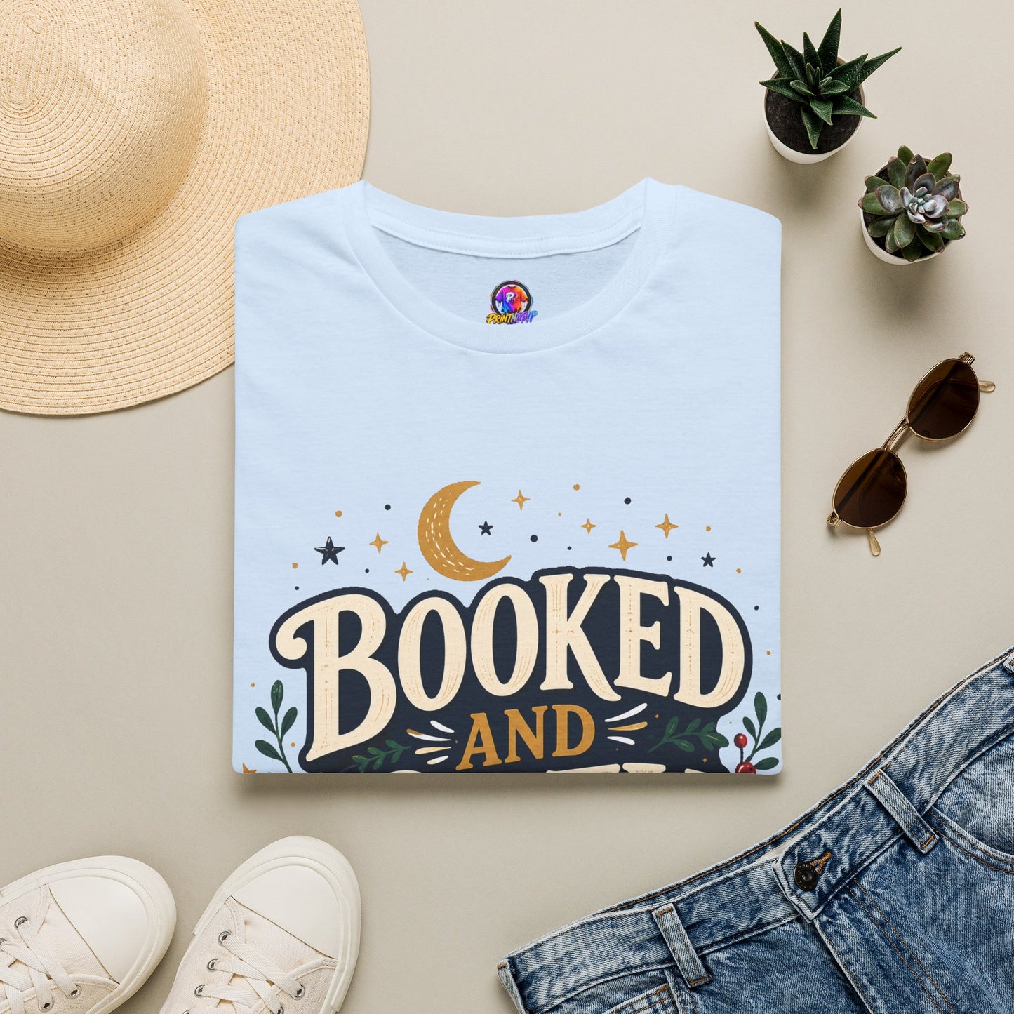 Booked and Cozy T-Shirt — Cozy Reading Graphic Tee (Books, Moon & Stars)