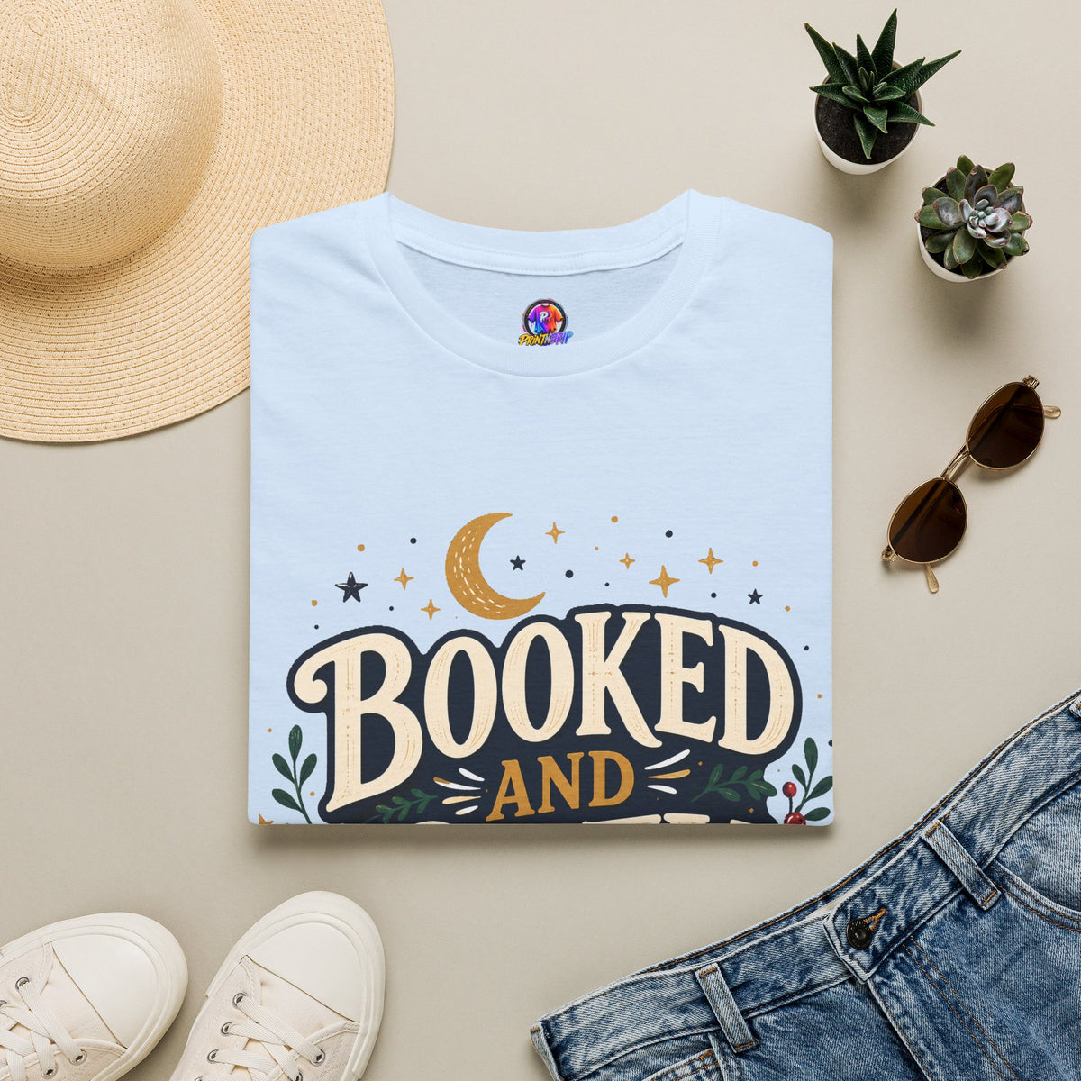 Booked and Cozy T-Shirt — Cozy Reading Graphic Tee (Books, Moon & Stars)