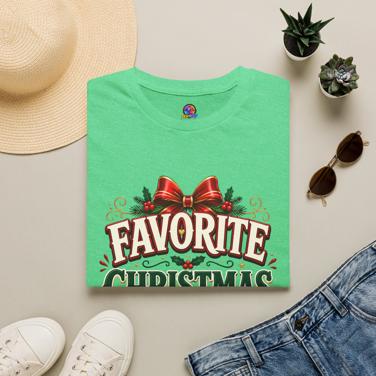 Favorite Christmas Aunt T-Shirt — Festive Holiday Auntie Tee with Bow & Holly