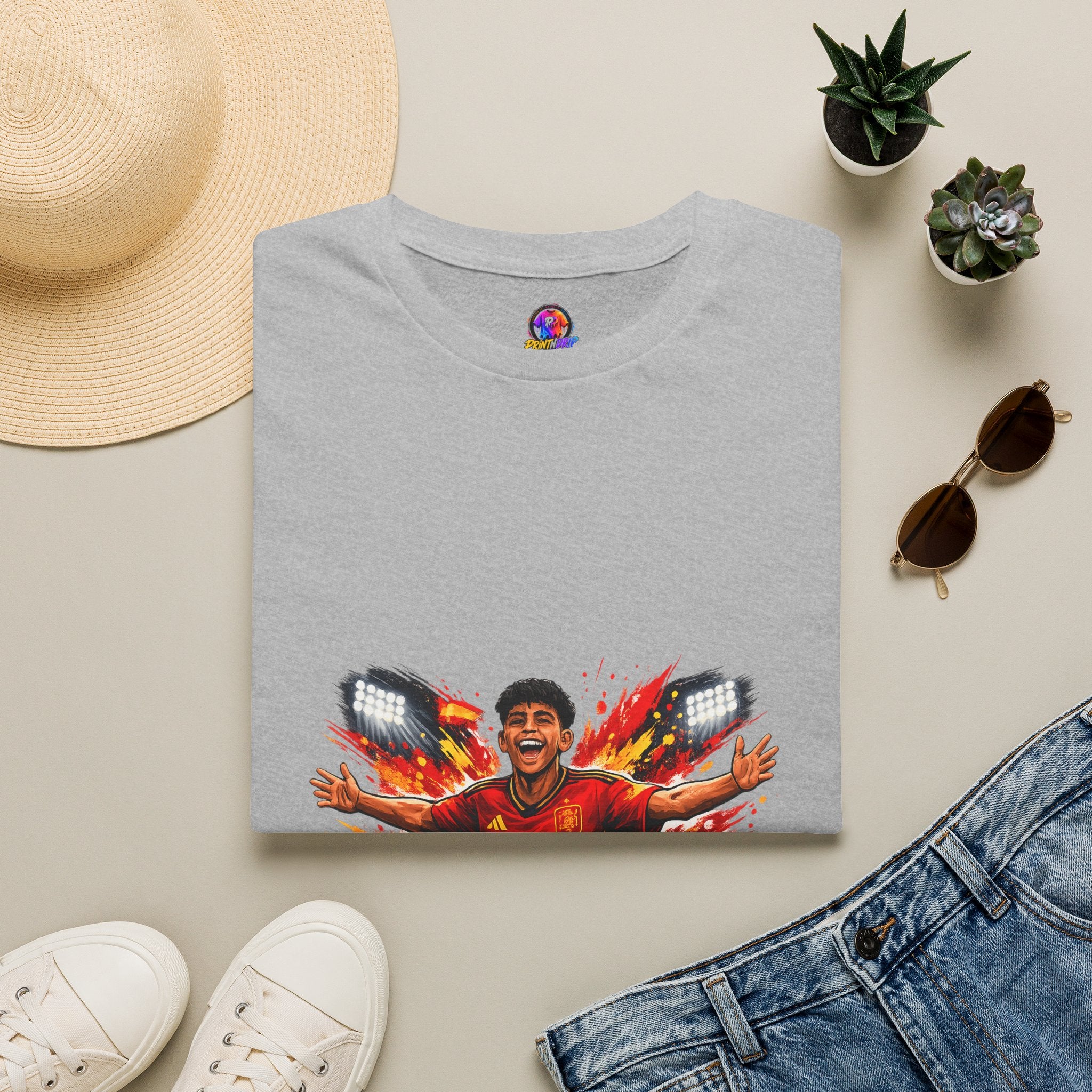 Spain Soccer Fan Portrait T‑Shirt – Fiery Goal Celebration Design