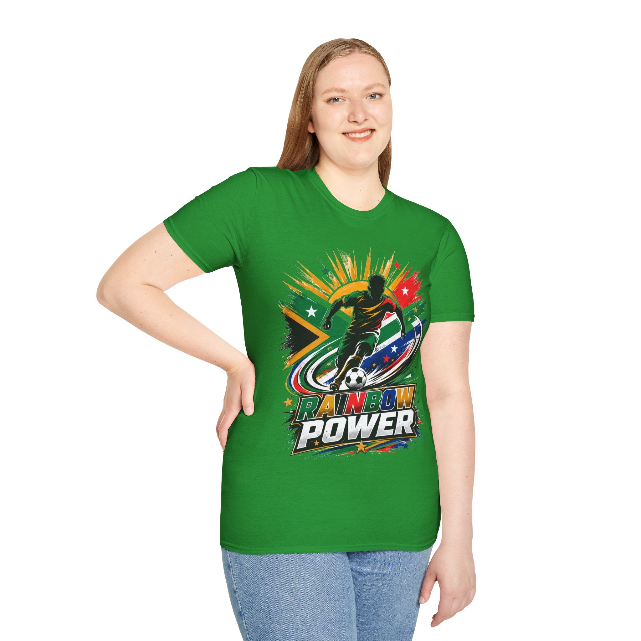 South Africa Soccer Rainbow Power T-Shirt — Colorful Football Player Graphic Tee