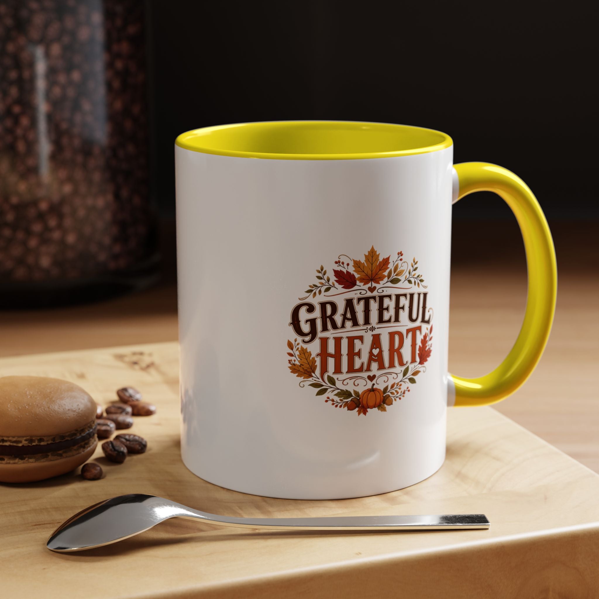 Thanksgiving Mug Grateful Heart Coffee Mug — Fall Leaves Pumpkin Accent Mug