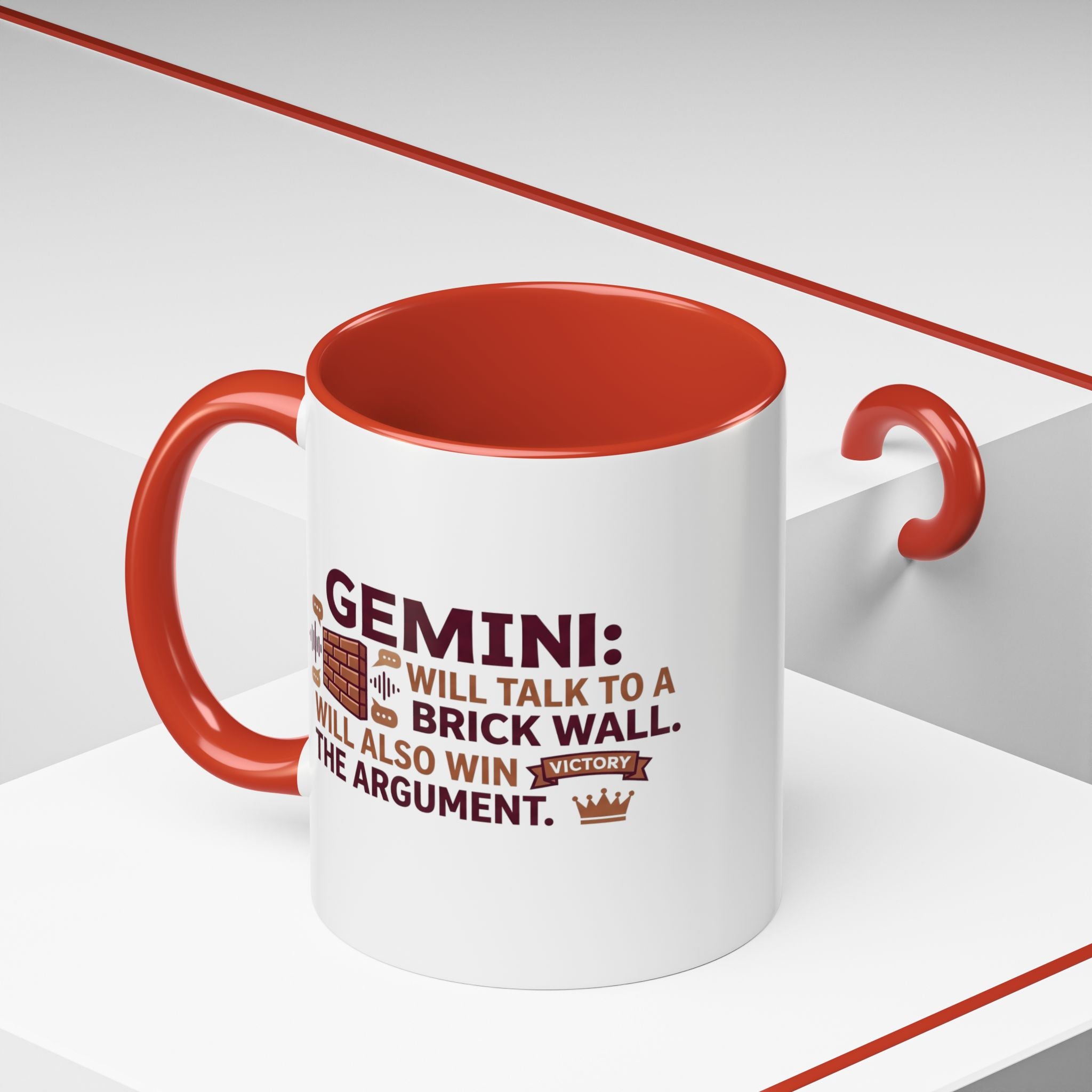 Gemini Coffee Mug — “Gemini: Will Talk to a Brick Wall, Will Also Win the Argument” Accent Mug