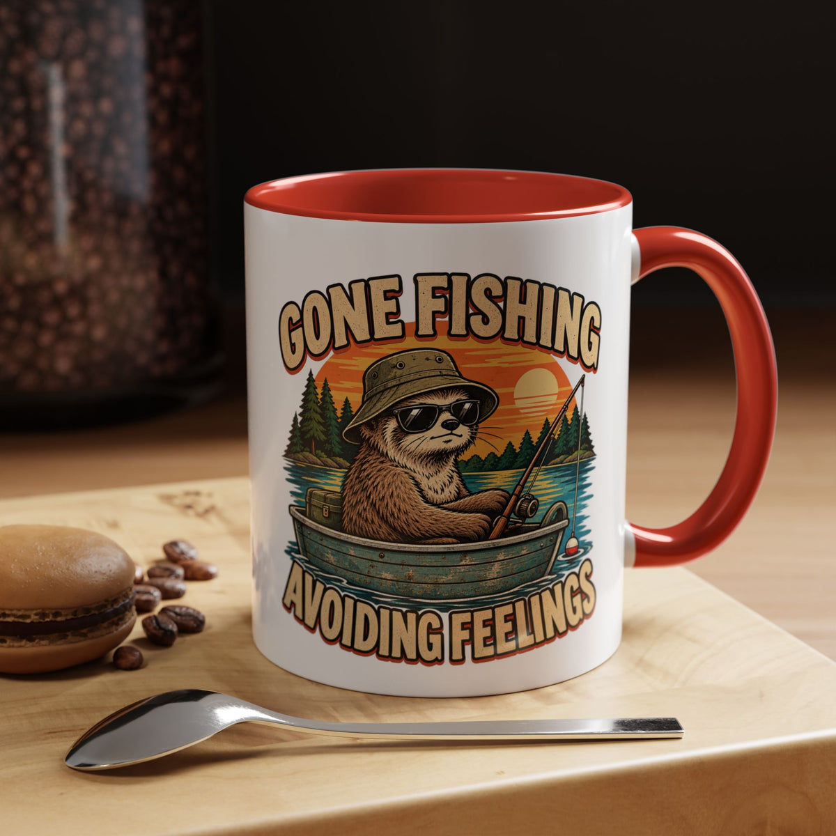 Funny And Witty "Gone Fishing Avoiding Feelings" Accent Coffee Mug (11, 15oz)