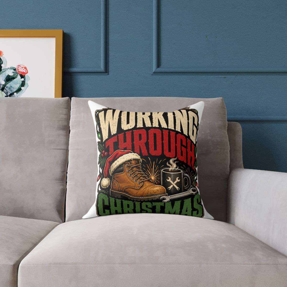 Working Through Christmas Modern Day Christmas Decorative Pillow — Holiday Boot & Coffee Throw Pillow