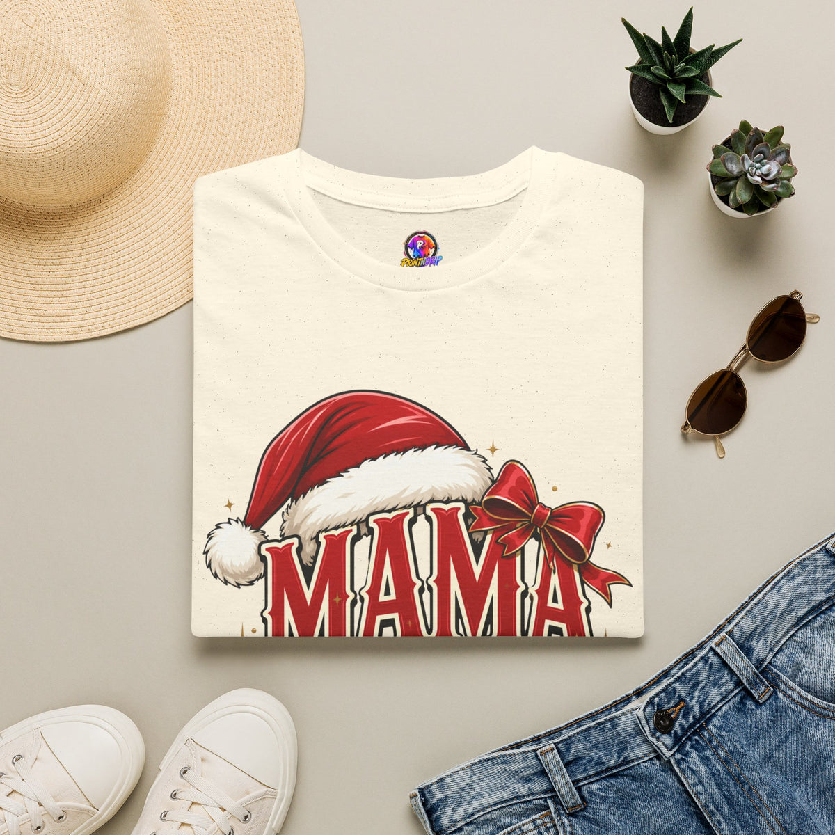 Mama Claus T-Shirt — Festive Christmas Mom Tee with Santa Hat & Bow