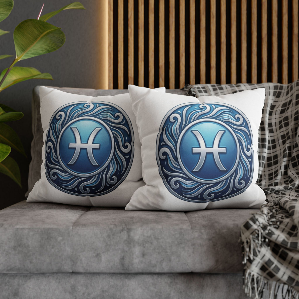 Pisces Zodiac Pillow Cover — Blue Astrological Symbol Decorative Throw Pillowcase
