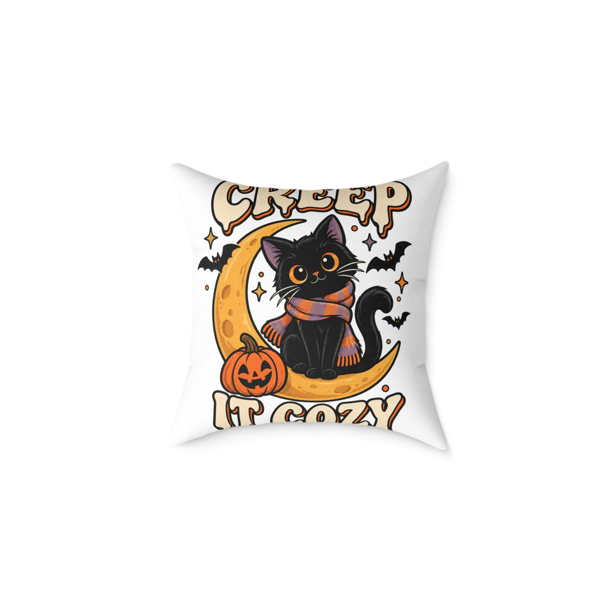 Halloween Cat Pillow — "Creep It Cozy" Decorative Square Throw Pillow