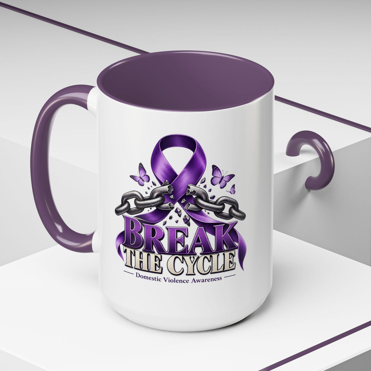 Break the Cycle Coffee Mug – Domestic Violence Awareness Purple Ribbon (11/15oz)