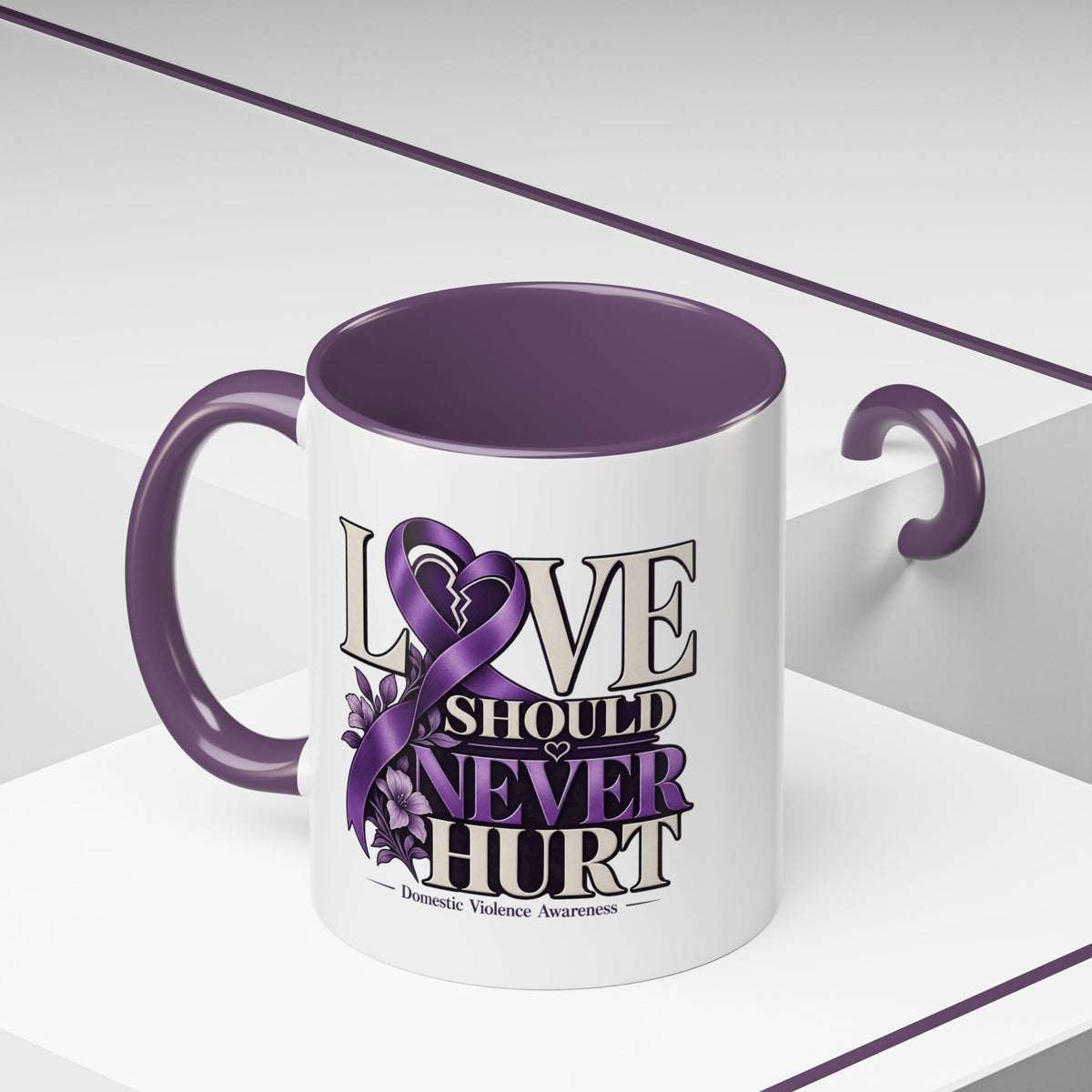 Domestic Violence Awareness Accent Coffee Mug – "Love Should Never Hurt" (11/15oz)