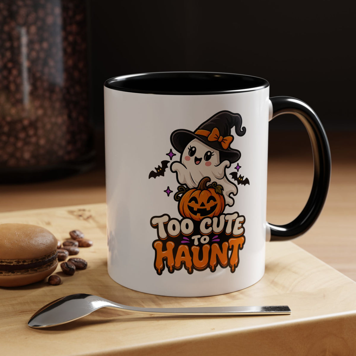 Halloween Coffee Mug - 'Too Cute to Haunt' Ghost Pumpkin Accent Mug