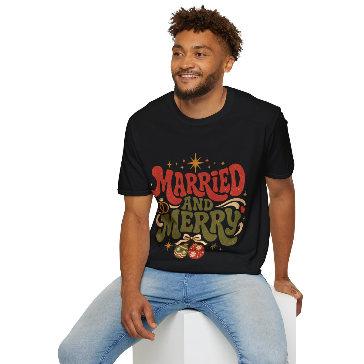 Married and Merry T-Shirt — Retro Holiday Couples Christmas Tee