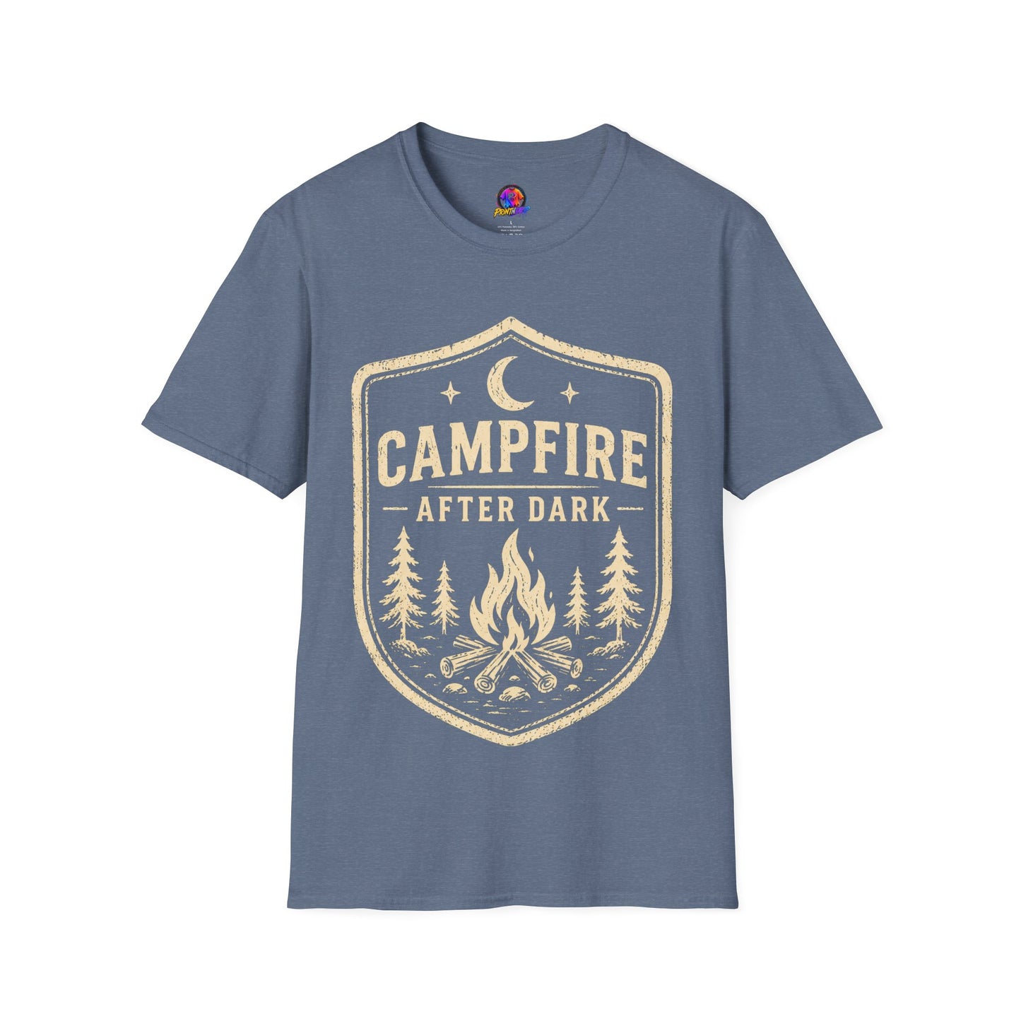 Campfire After Dark T-Shirt — Retro Camping Badge Tee for Outdoor Lovers