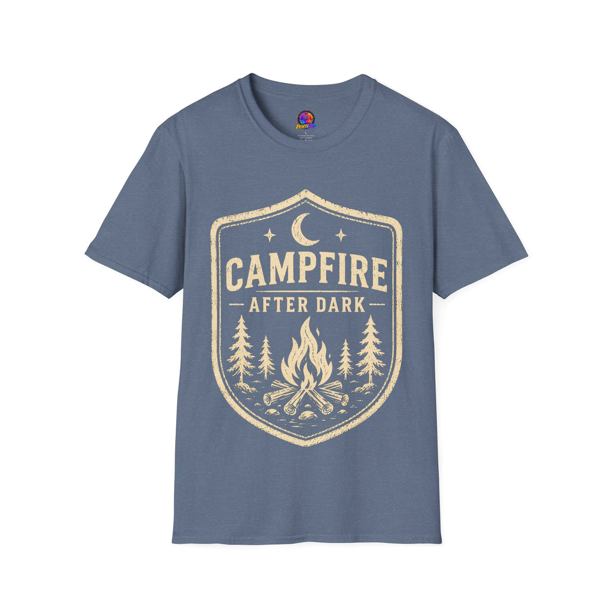 Campfire After Dark T-Shirt — Retro Camping Badge Tee for Outdoor Lovers