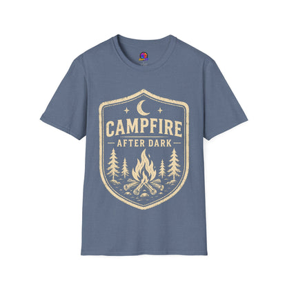 Campfire After Dark T-Shirt — Retro Camping Badge Tee for Outdoor Lovers