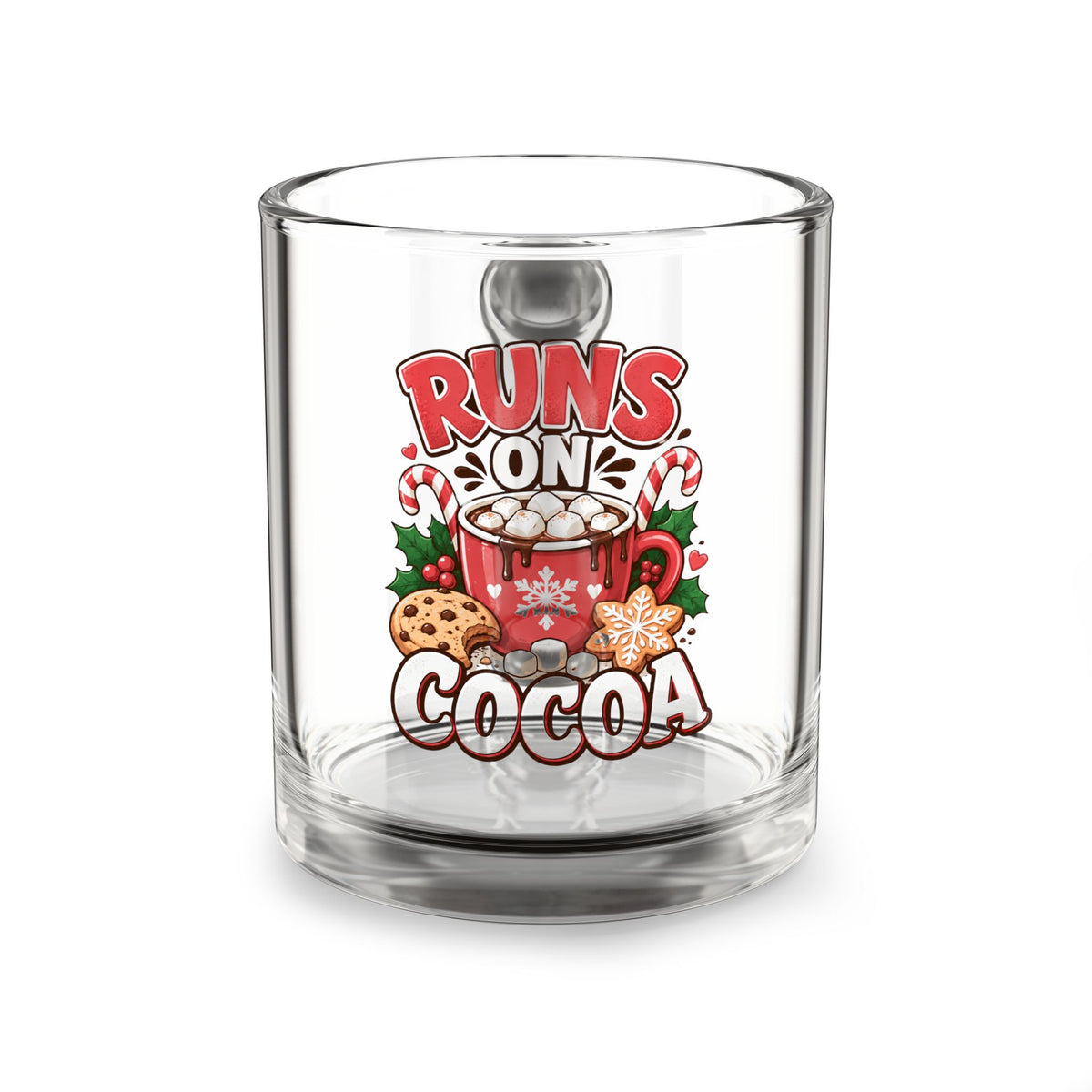 Christmas Glass Mug 10 oz Glass Mug — "Runs On Cocoa" Holiday Hot Chocolate Glass Mug, 10oz