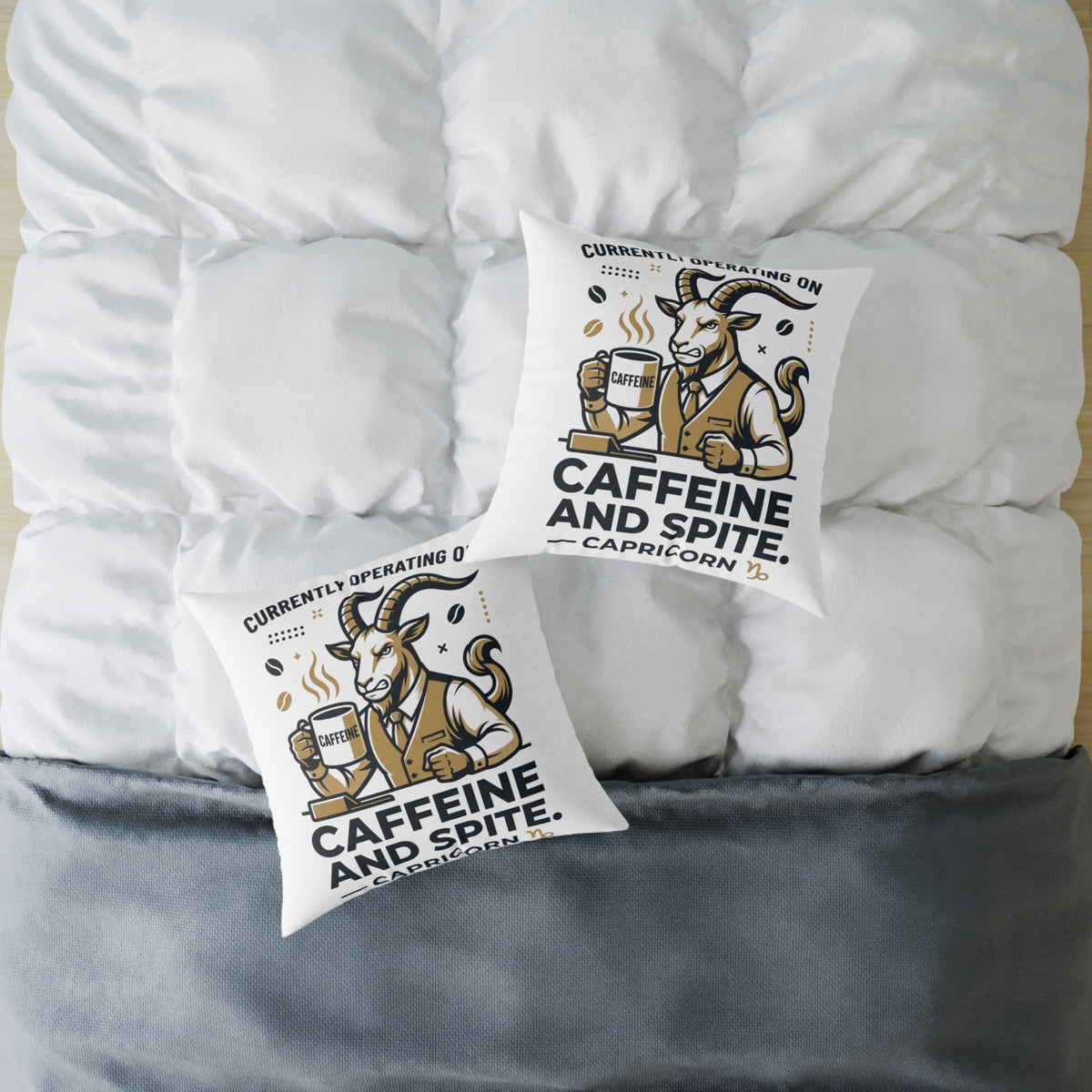 Capricorn Caffeine and Spite Goat Pillow — Funny Coffee Lover Square Throw Pillow