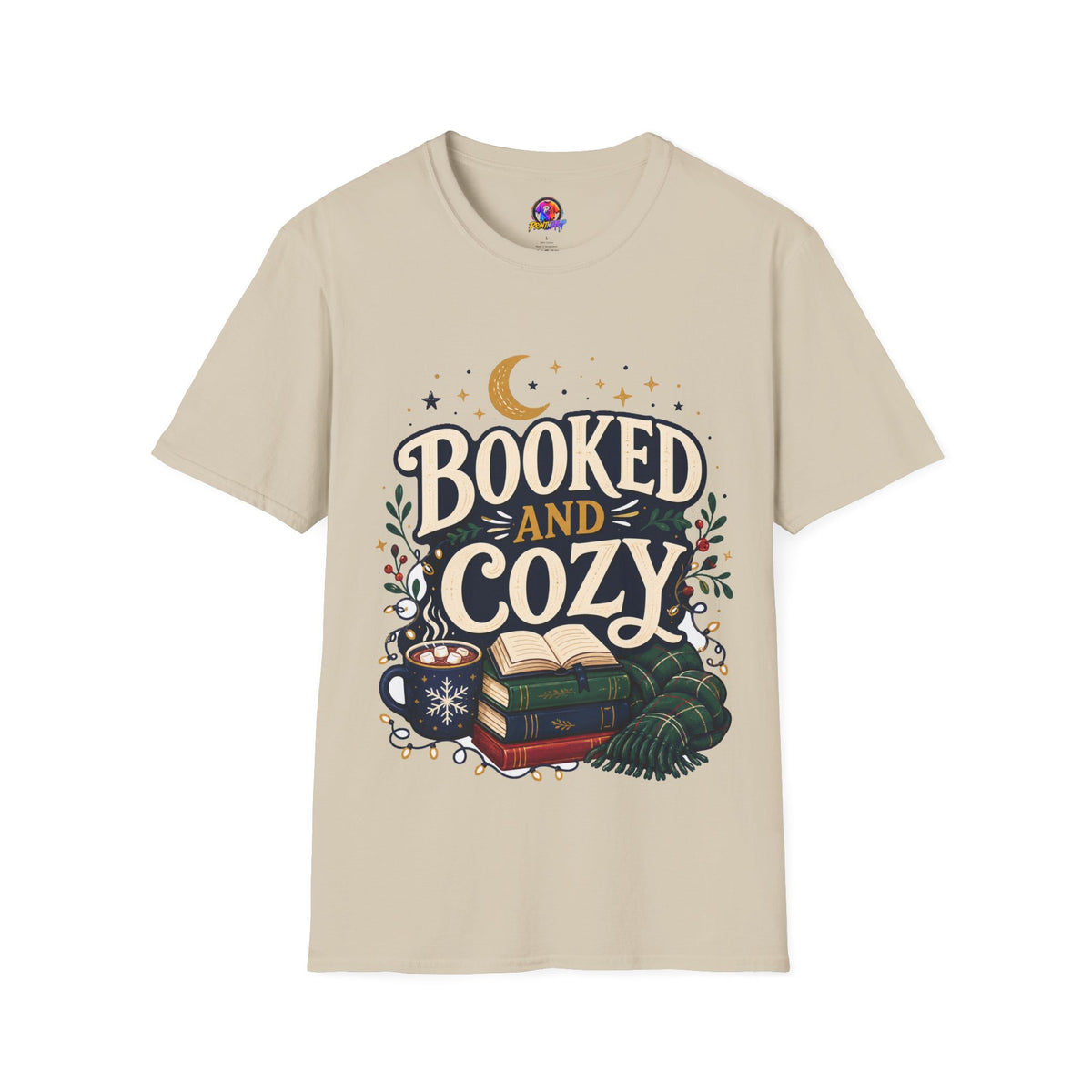 Booked and Cozy T-Shirt — Cozy Reading Graphic Tee (Books, Moon & Stars)