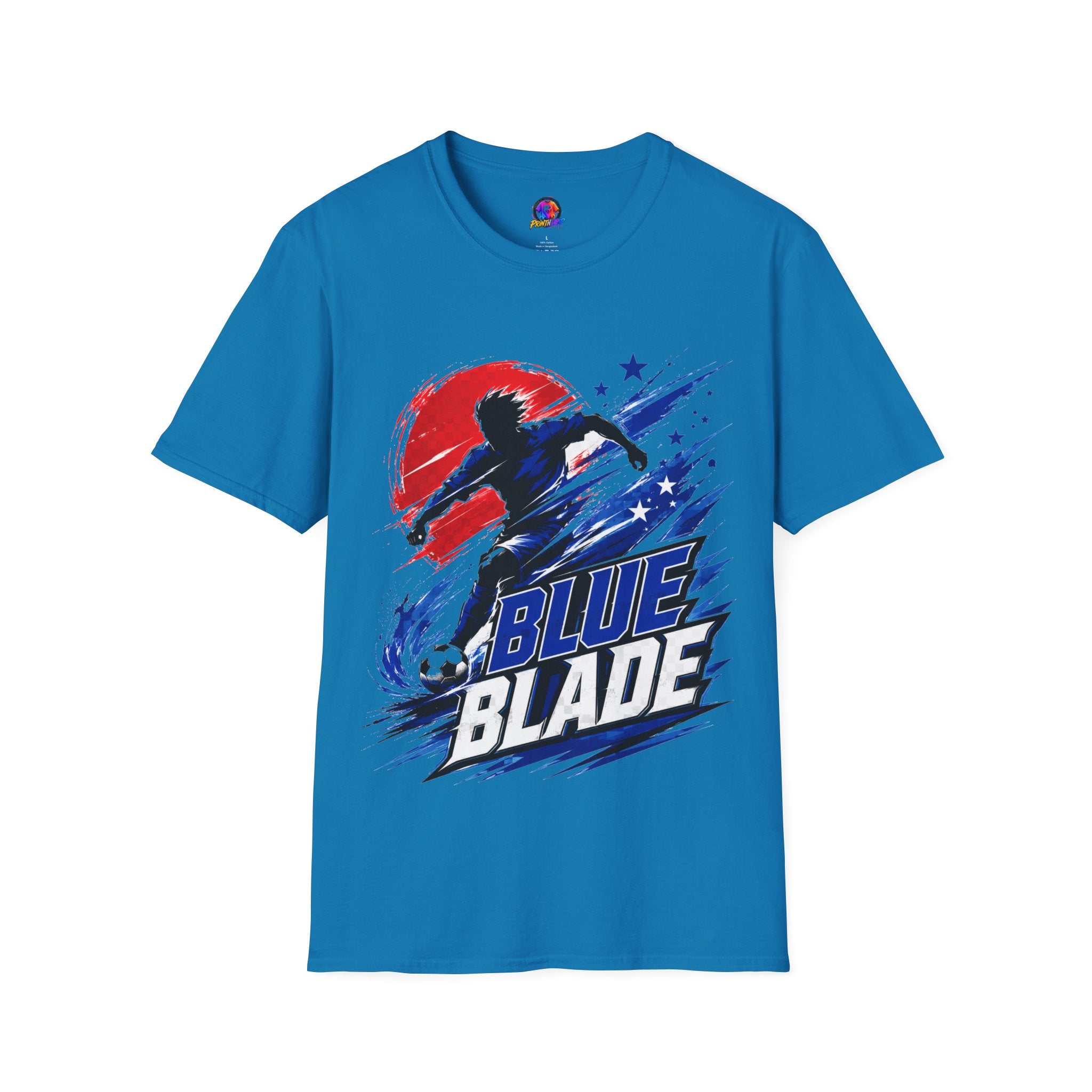 Japan T-Shirt — Blue Blade Soccer Graphic Tee (Red & Blue Starburst)