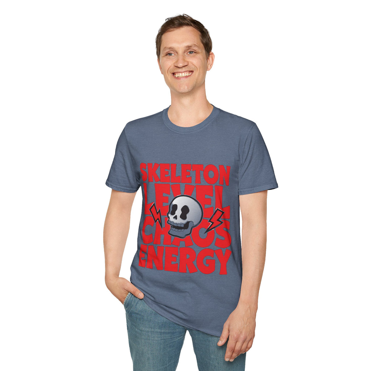 Skeleton Level Chaos Energy Red Block Tee - Bold Skull Lightning Graphic T-Shirt - Trending Now - September 2026
