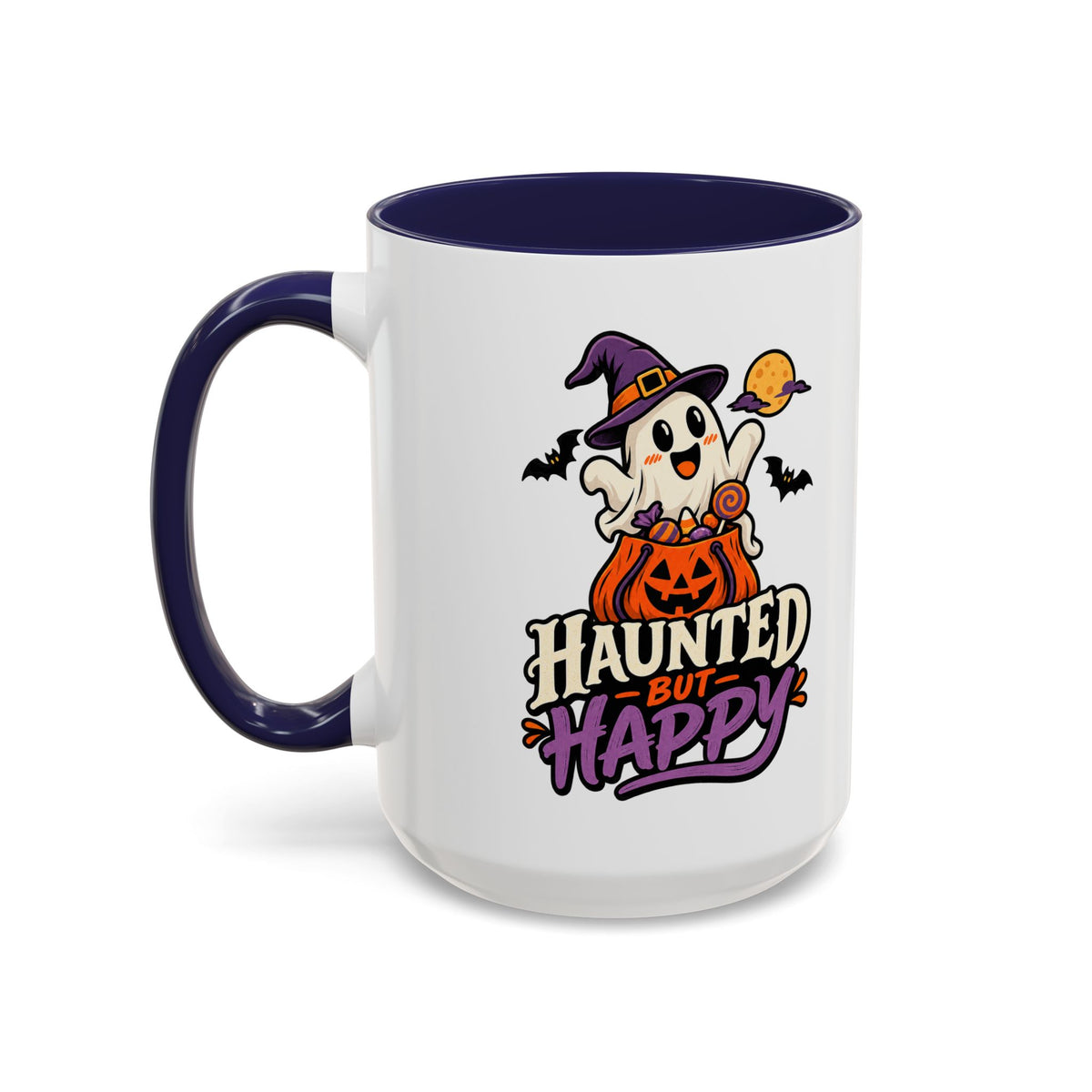 Haunted But Happy Coffee Mug — Halloween Ghost Pumpkin Accent Mug (11/15oz)