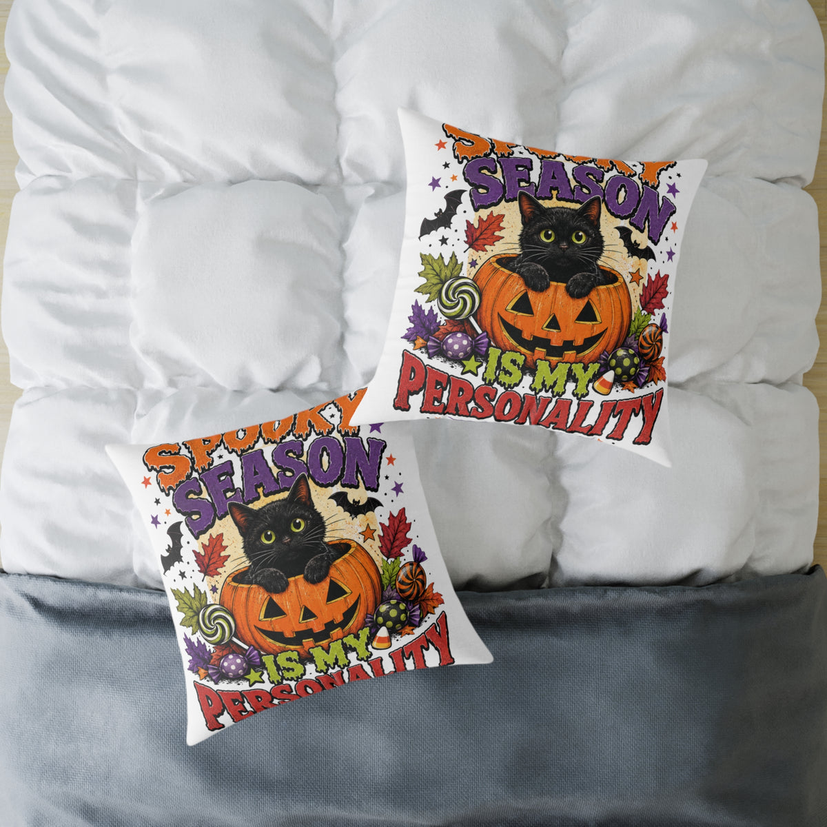 Halloween Pillow — "Season Is My Personality" Black Cat Pumpkin Decorative Throw Pillow