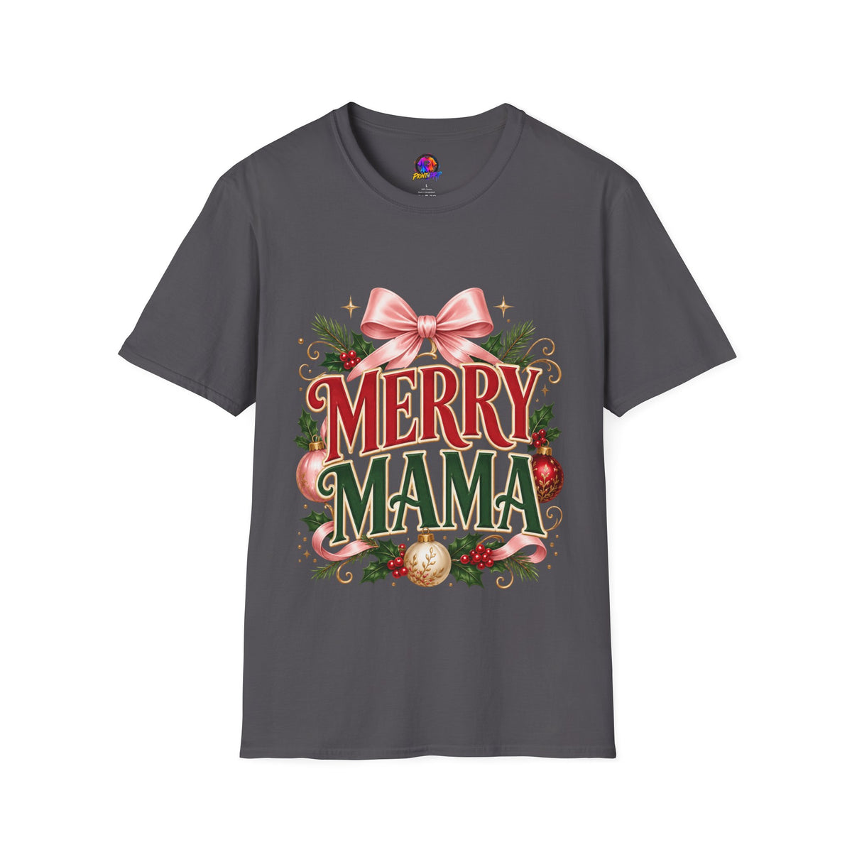 Merry Mama Christmas T-Shirt — Festive Bow & Holiday Greenery Tee