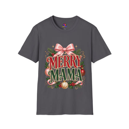 Merry Mama Christmas T-Shirt — Festive Bow & Holiday Greenery Tee