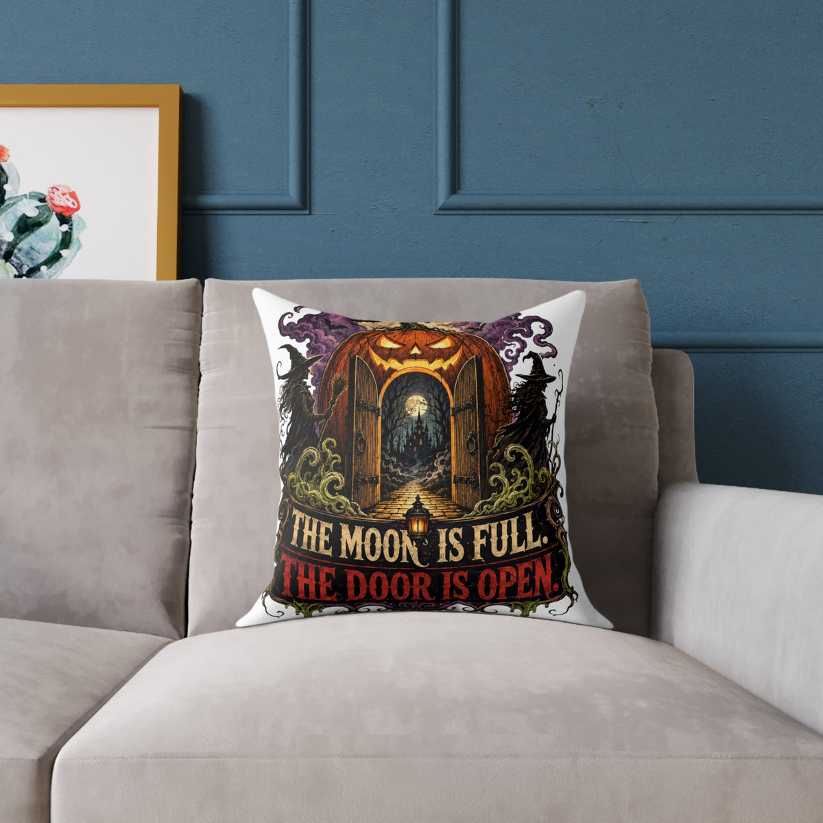 Halloween Pumpkin Door Pillow — "The Moon Is Full, The Door Is Open" Decorative Throw Pillow