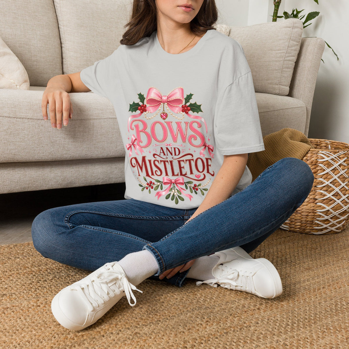 Bows and Mistletoe T-Shirt — Pink Holiday Bow Christmas Tee