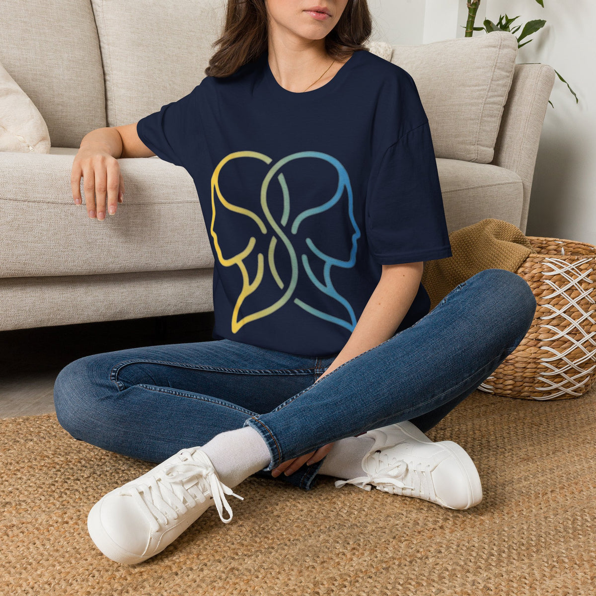 Twin Profile Line Art T‑Shirt — Gradient Sisterhood Outline Tee