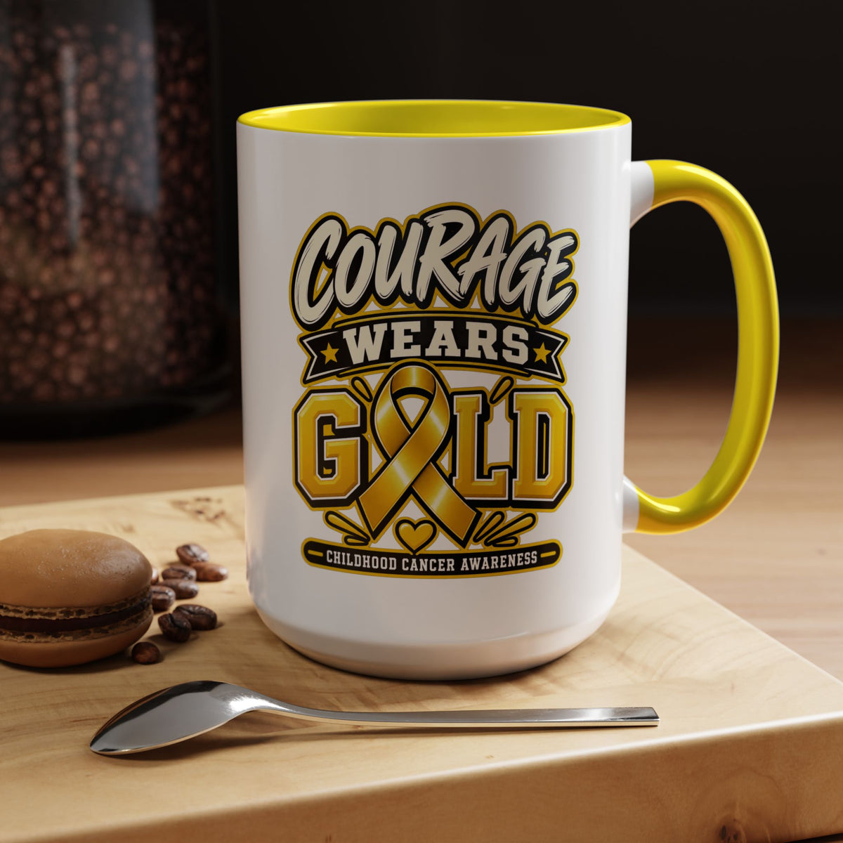 Courage Wears Gold Coffee Mug — Childhood Cancer Awareness Tea Cup