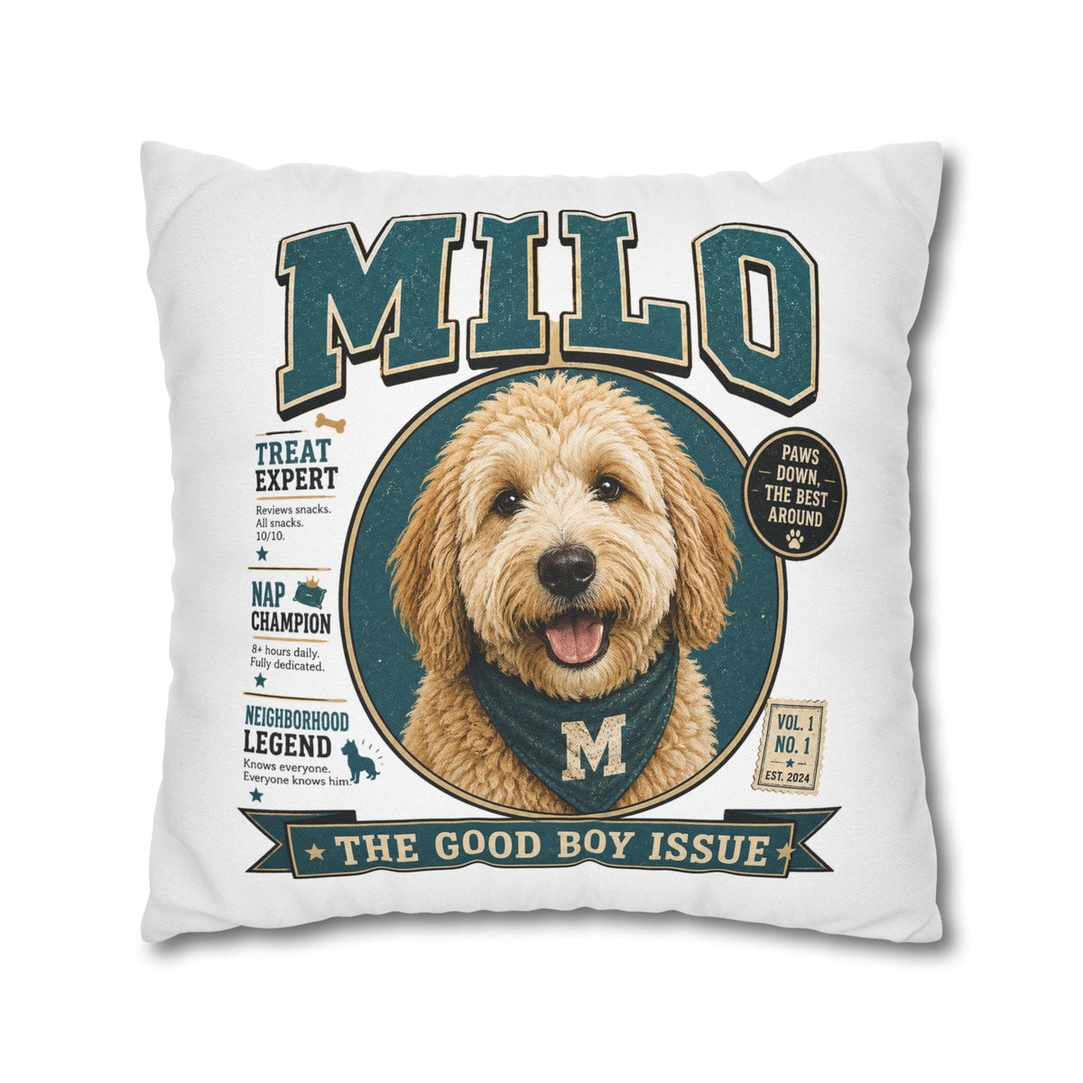 Milo 'The Good Boy Issue' Decorative Pillowcase – Personalized Dog Portrait Accent Pillowcase Milo Bailey Dog Dad Mom