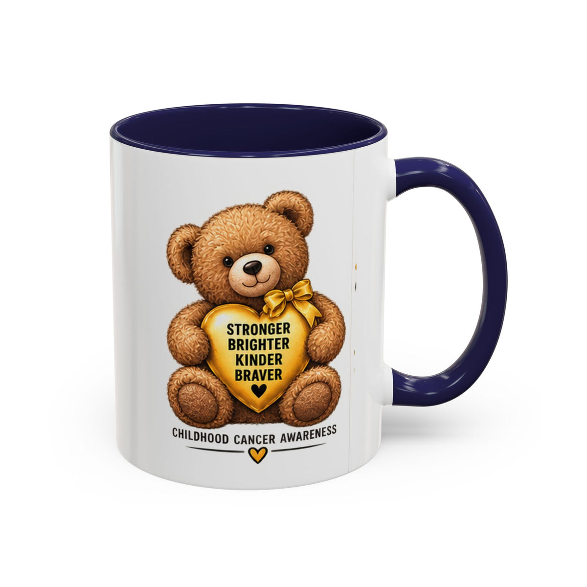 Childhood Cancer Awareness Coffee Mug — 'Stronger Brighter Kinder Braver' Teddy