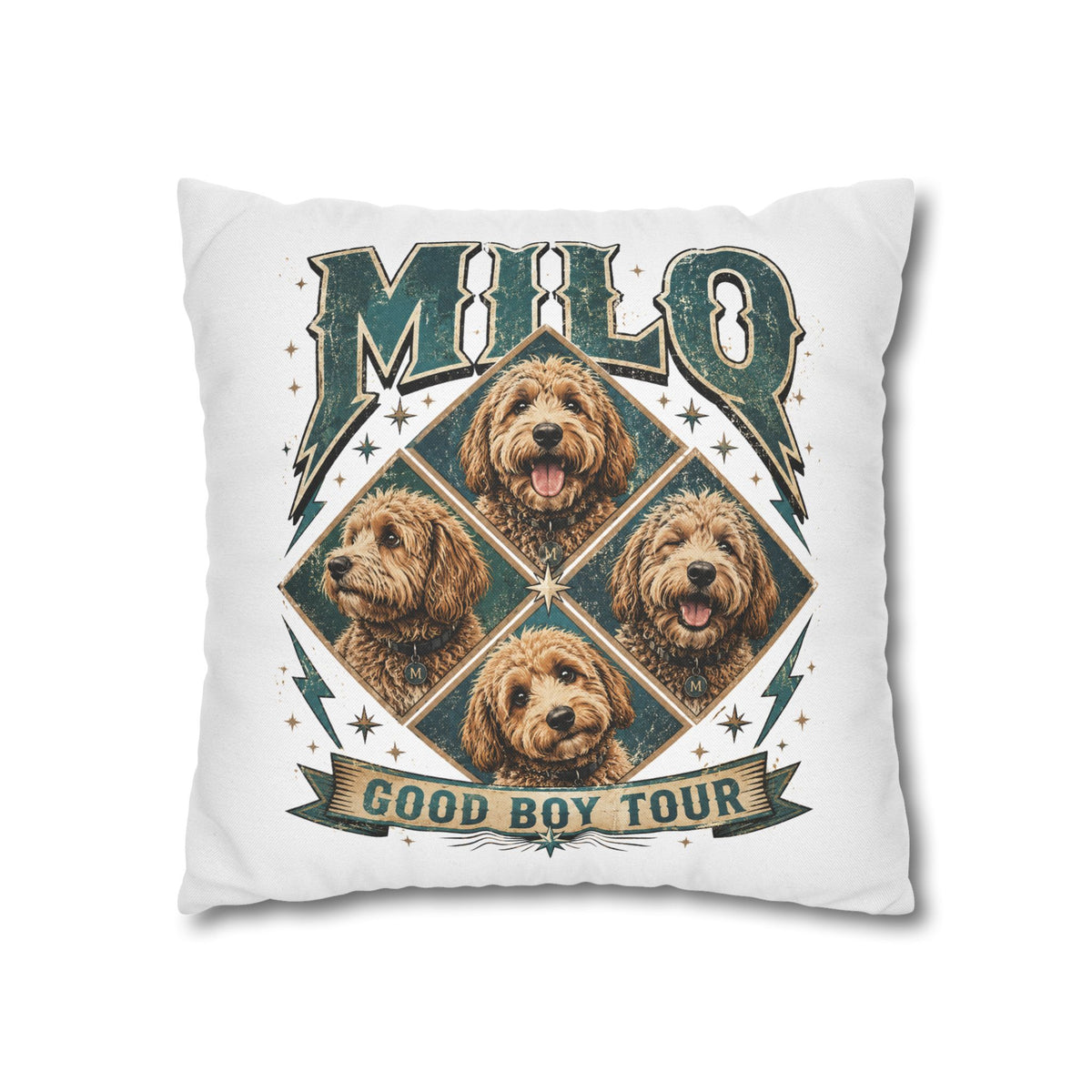 Milo “Good Boy Tour” Dog Photo Square Pillowcase Milo Bailey Dog Dad Mom