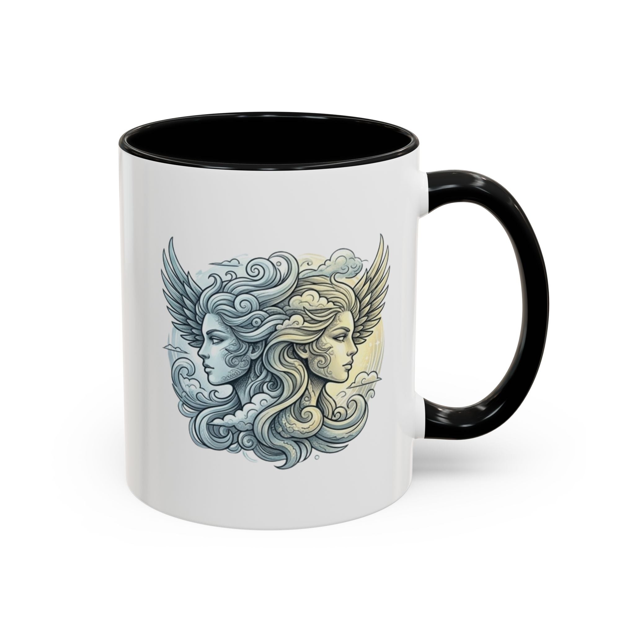 Gemini Twins Accent Coffee Mug — Sun & Moon Winged Faces Illustration