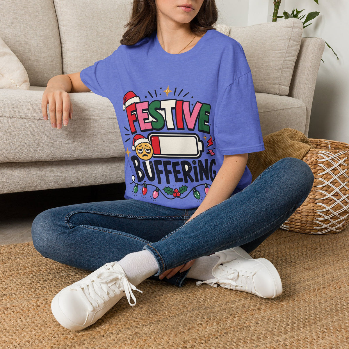 Festive Buffering T-Shirt — Funny Holiday Christmas Tee with Loading Battery Design