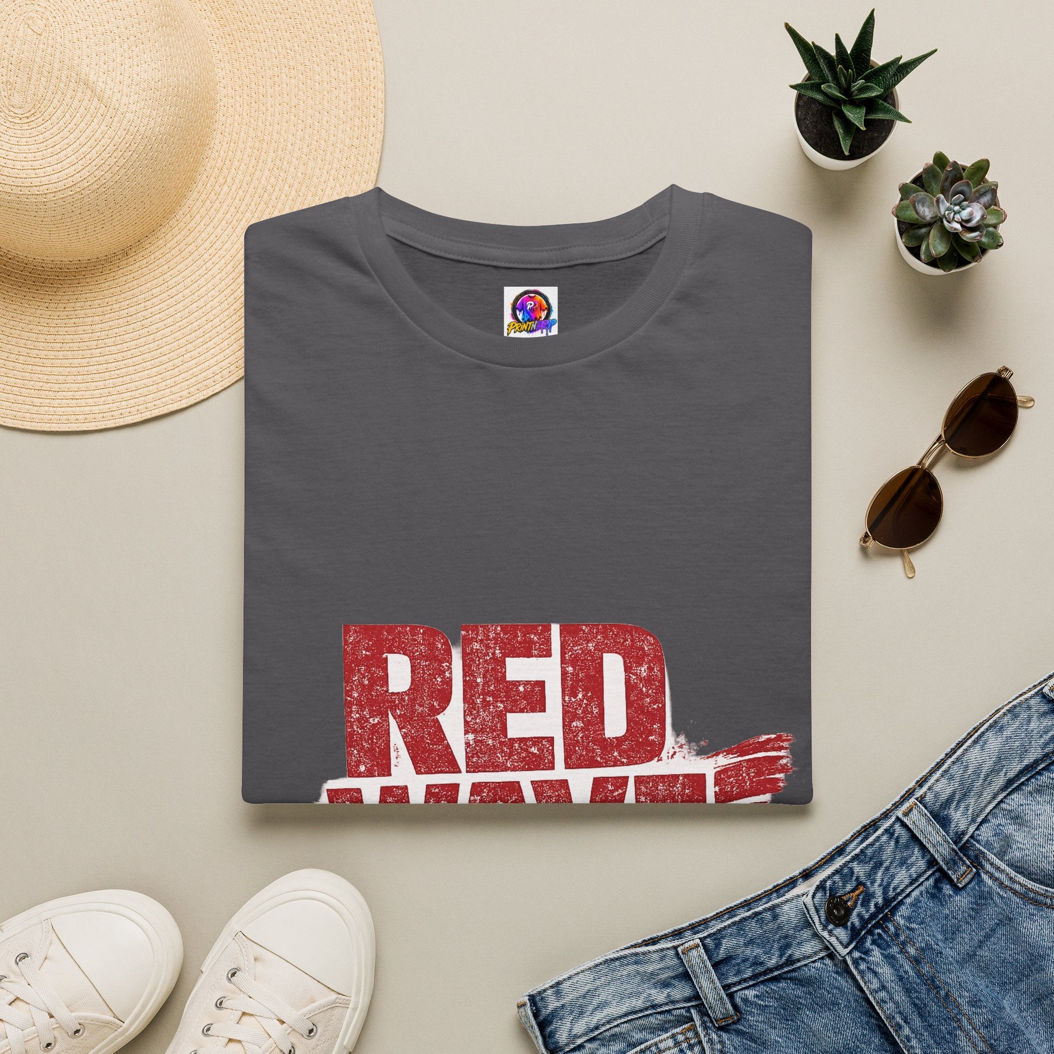 South Korea Red Wave Graphic T‑Shirt — Vintage Distressed Logo Tee