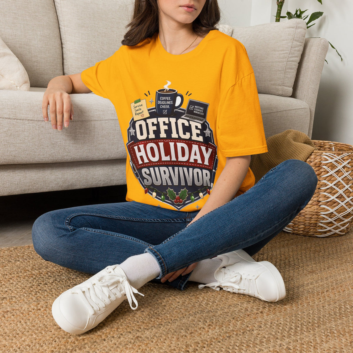 Office Holiday Survivor T-Shirt — Coffee, Deadlines & Cheer Work Shirt