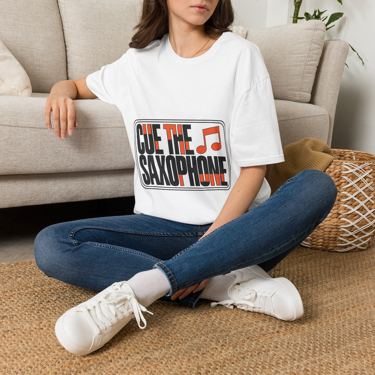 Cue The Saxophone Red Music Note T-Shirt - Y2K Stacked Jazz Graphic Tee - Trending Now - September 2026
