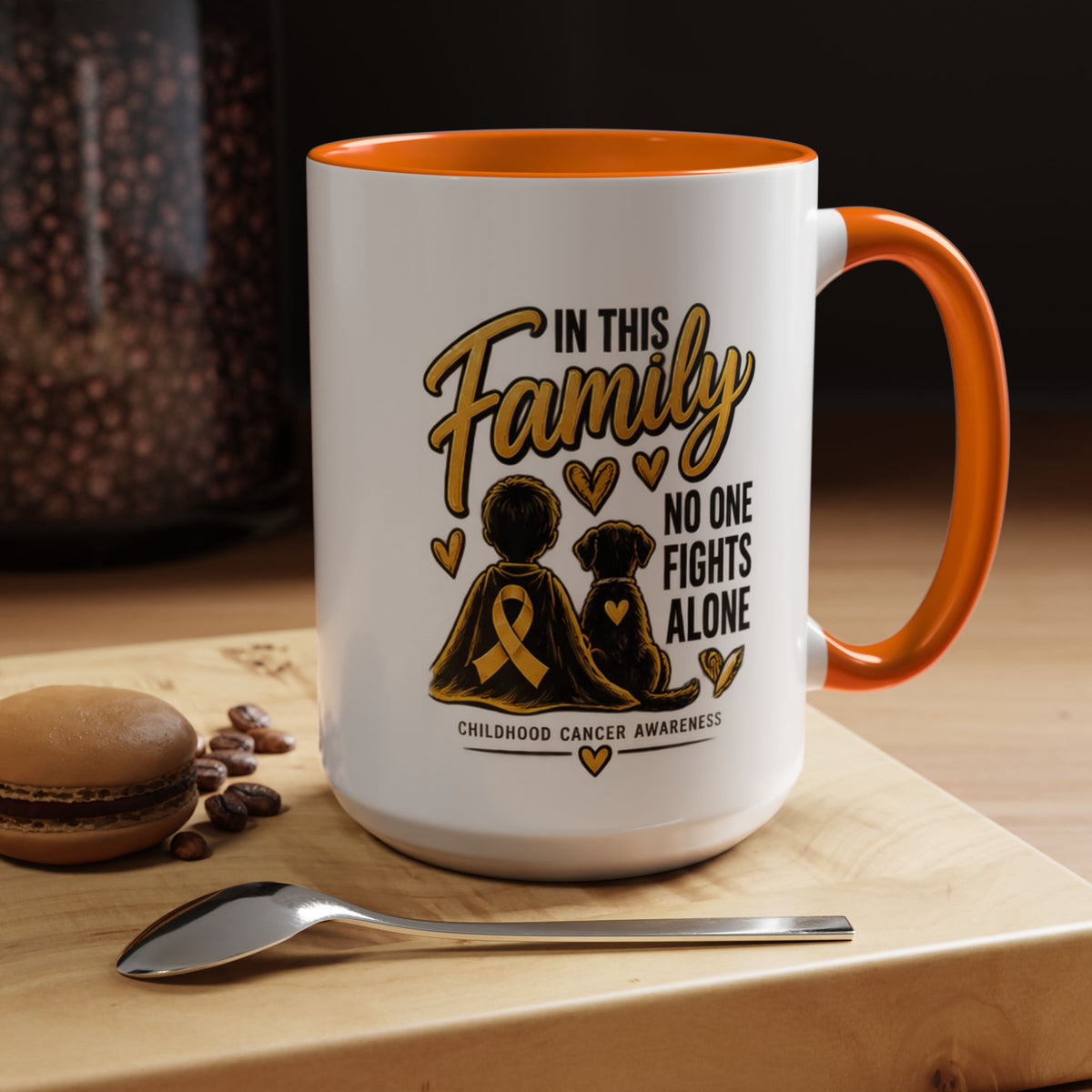 Childhood Cancer Awareness Coffee Mug — "In This Family No One Fights Alone"
