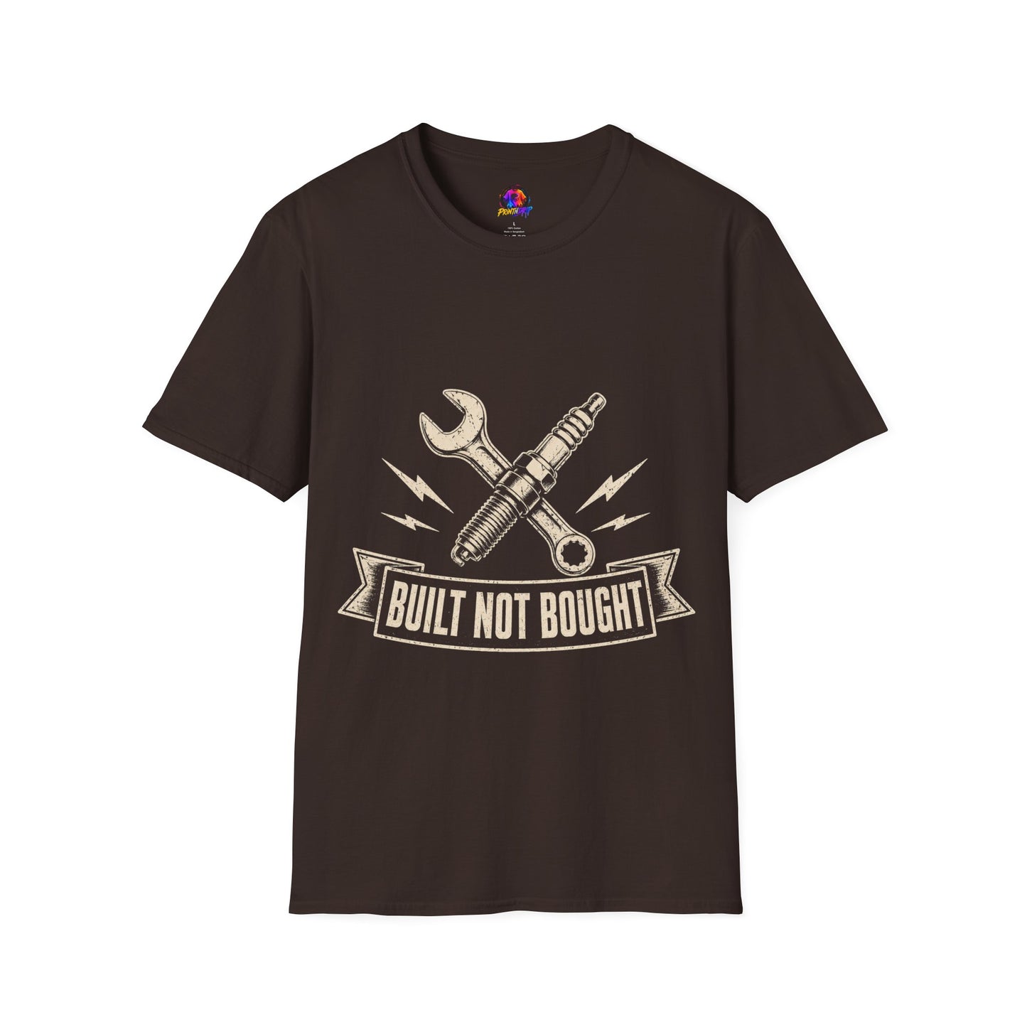 Built Not Bought T-Shirt — Vintage Mechanic Spark Plug & Wrench Tee for DIY Car Enthusiasts