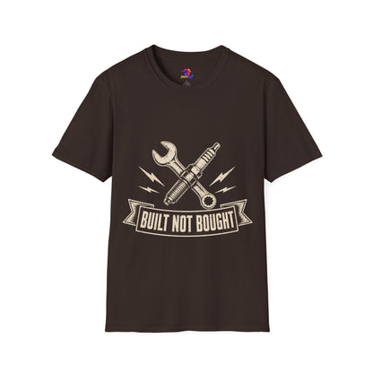 Built Not Bought T-Shirt — Vintage Mechanic Spark Plug & Wrench Tee for DIY Car Enthusiasts