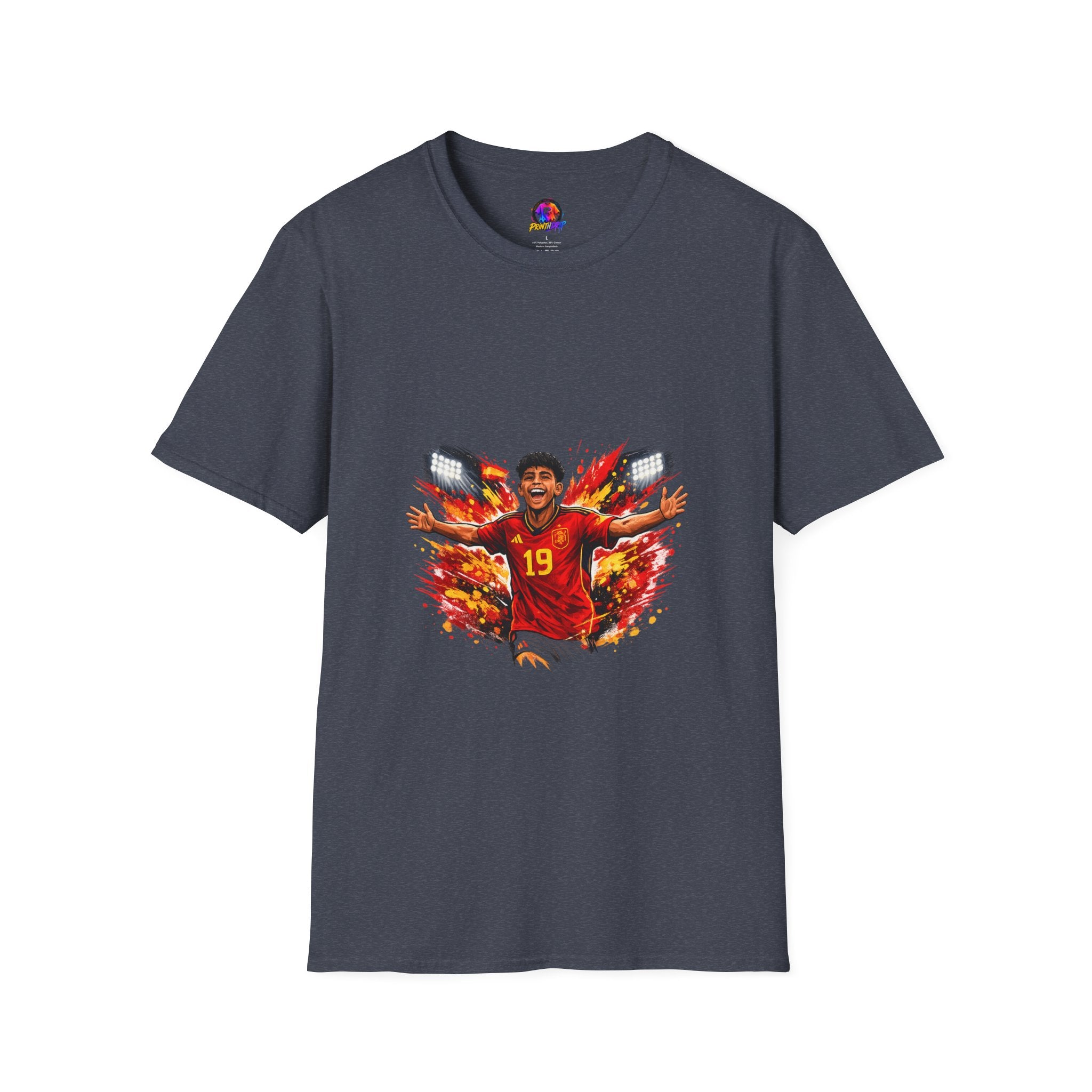 Spain Soccer Fan Portrait T‑Shirt – Fiery Goal Celebration Design