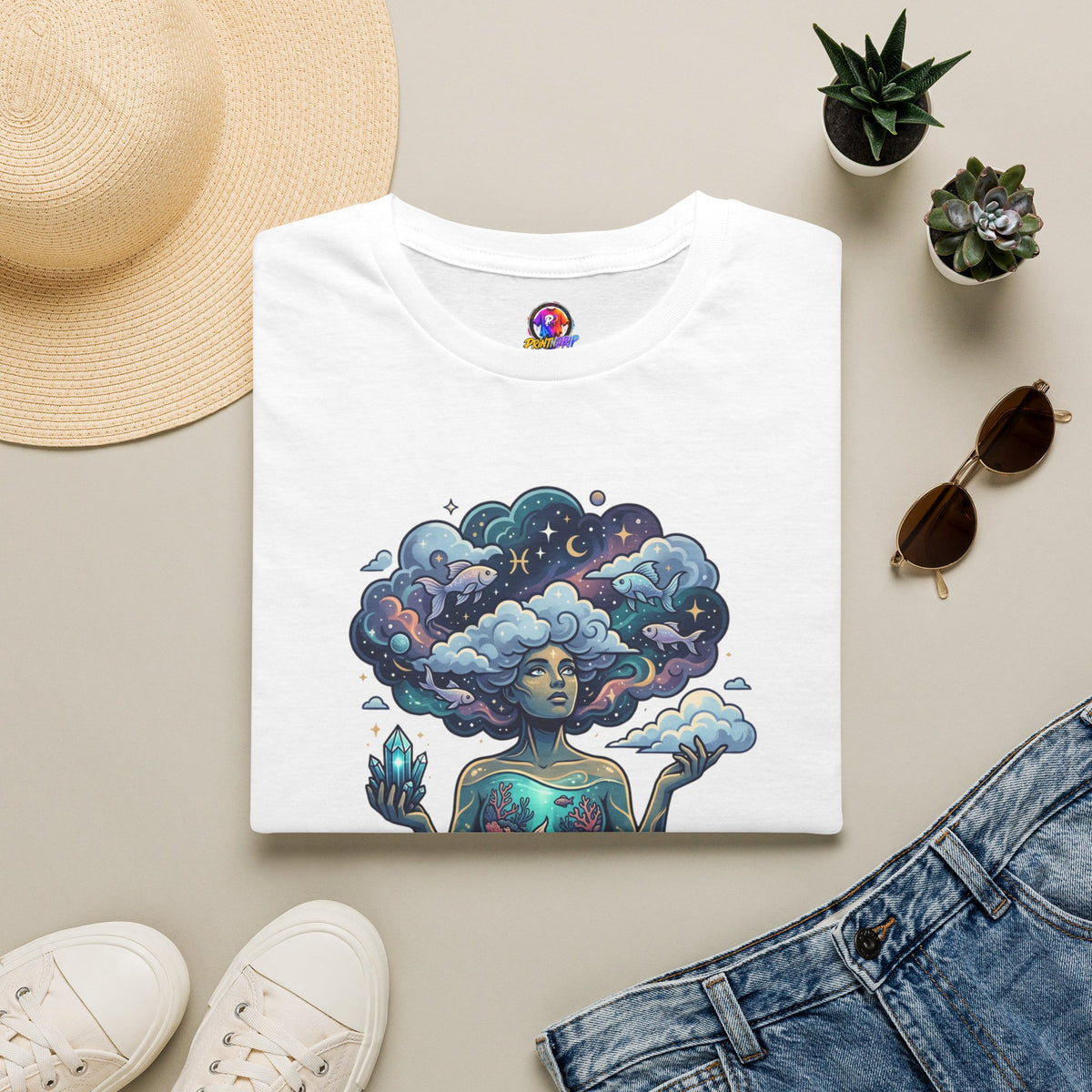 Pisces Zodiac in the Clouds T-Shirt — Dreamy Cosmic Woman Graphic Tee
