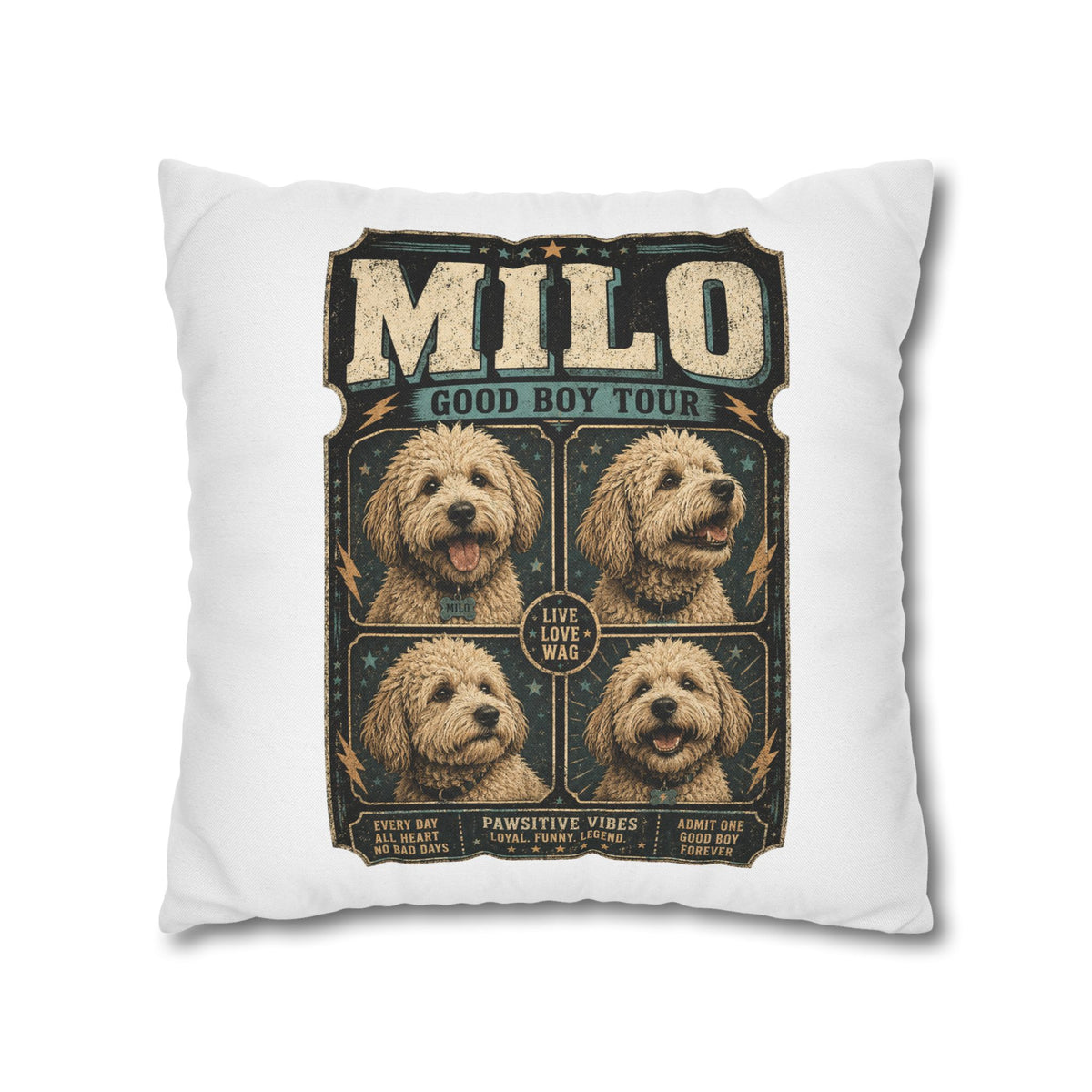 Milo "Good Boy Tour" Square Pillowcase — Cute Dog Portrait Decorative Pillowcase Milo Bailey Dog Dad Mom